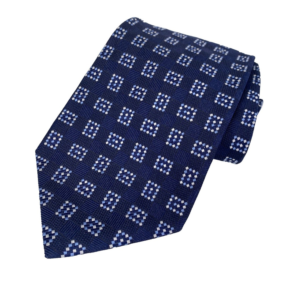 IKE BEHAR Mens Tie Blue & White Diamond Geometric Fourlard Design Repp Woven